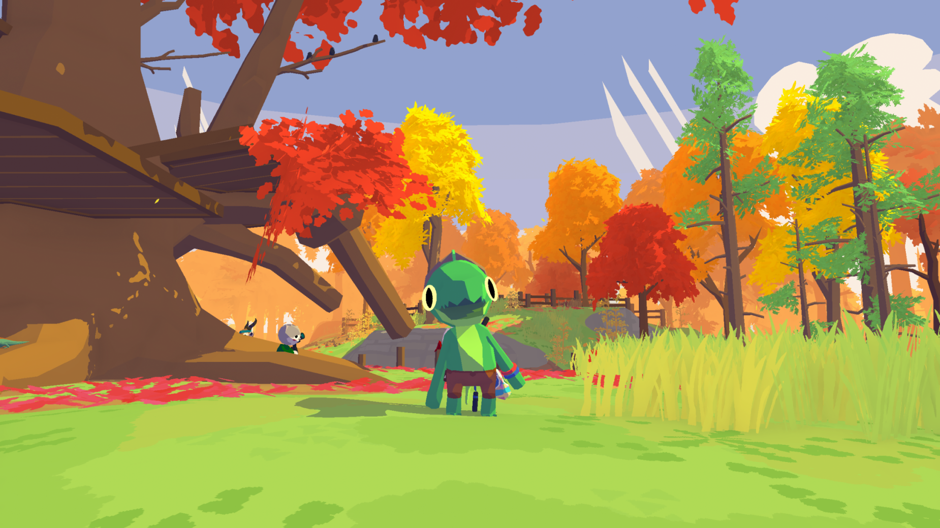 A screenshot of the video game: Lil Gator Game, featuring the titular character and cell shaded nature background.