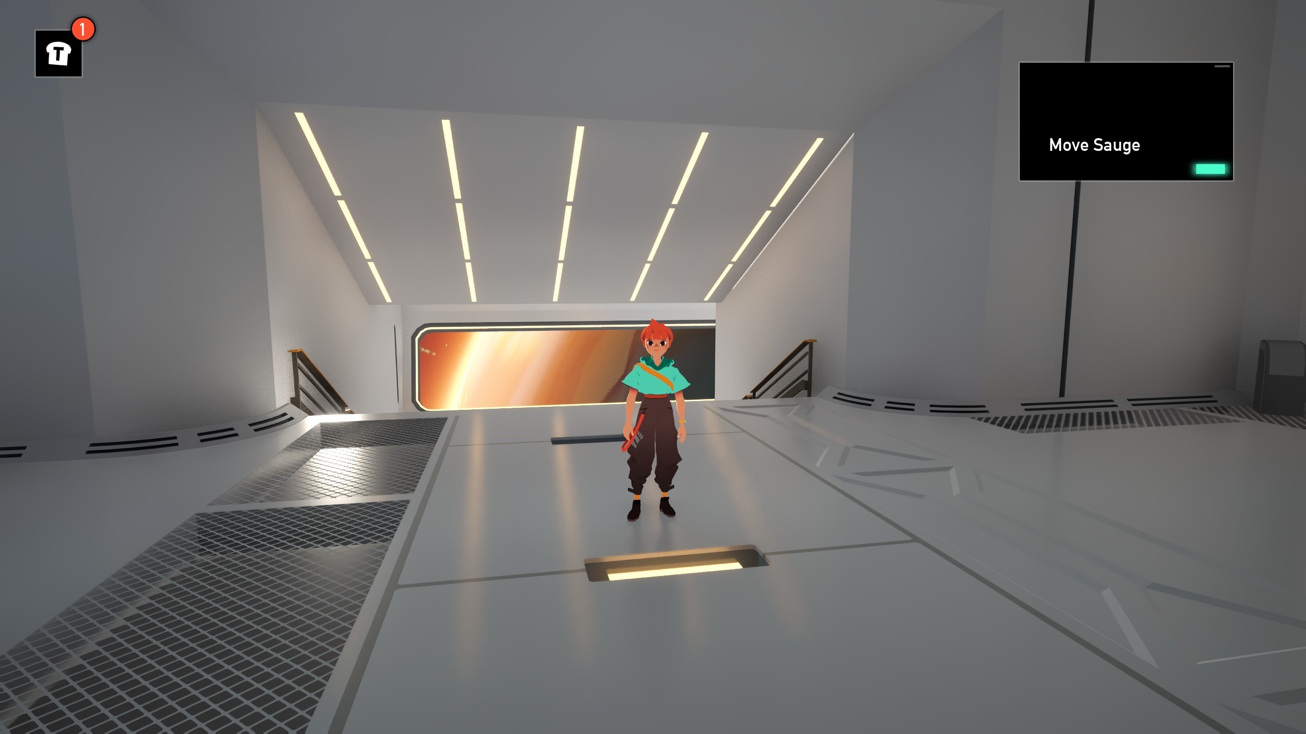 Screenshot of cozy game, Caravan: SandWitch. The main character, Sauge, is facing the player behing the monitor. They have red hair, a mint-green shirt, black pants and boots. They are standing in a metal hall lit with yellow LEDs.