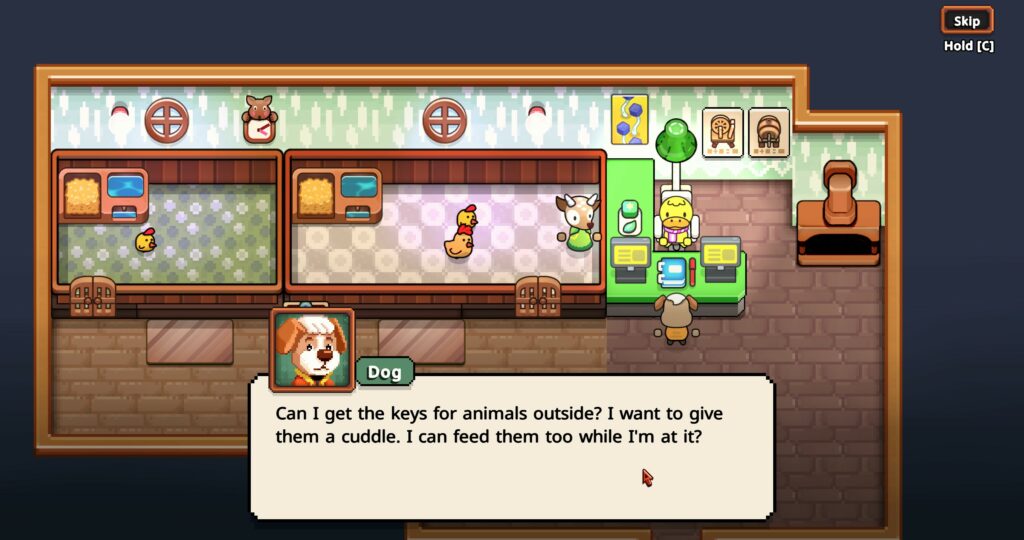 Cozy game Everafter Falls screenshot featuring the inside of the animal store. A villager asks the animal store clerk: "Can I get the keys for animals outside? I want to give them a cuddle. I can feed them too while I'm at it?" 