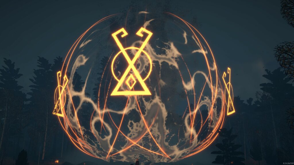 A magic ritual forms a glowing golden orb against a starry, dark forest ky. Sigils glow a brighter glow, evenly spaces to face the four directions on the orb. 